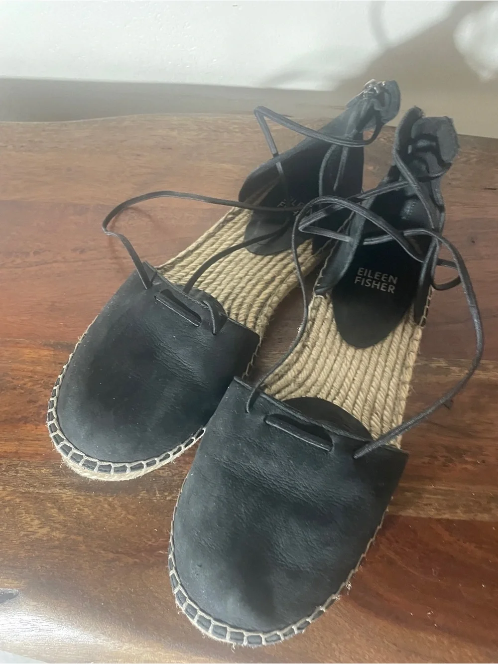 Eileen Fisher Black Leather Lace-Up Espadrille Flats Size 7